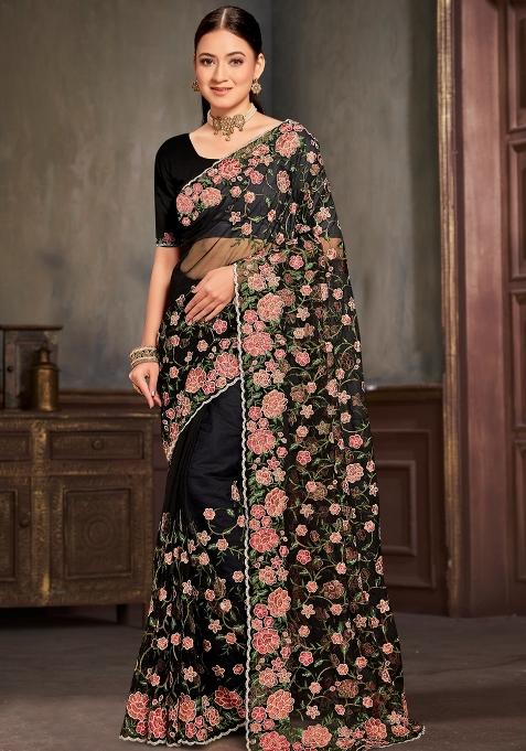 Black Embroidered Net Saree Set
