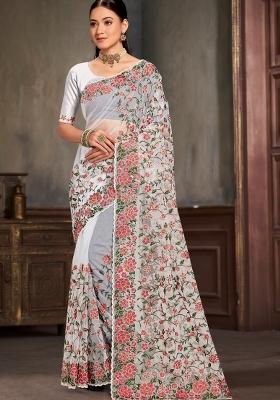 White Embroidered Net Saree Set