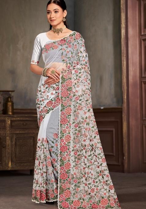 White Embroidered Net Saree Set