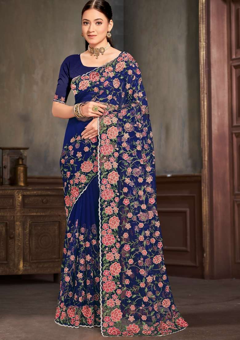 Navy Blue Embroidered Net Saree Set for Diwali and Festive Wear - Indya