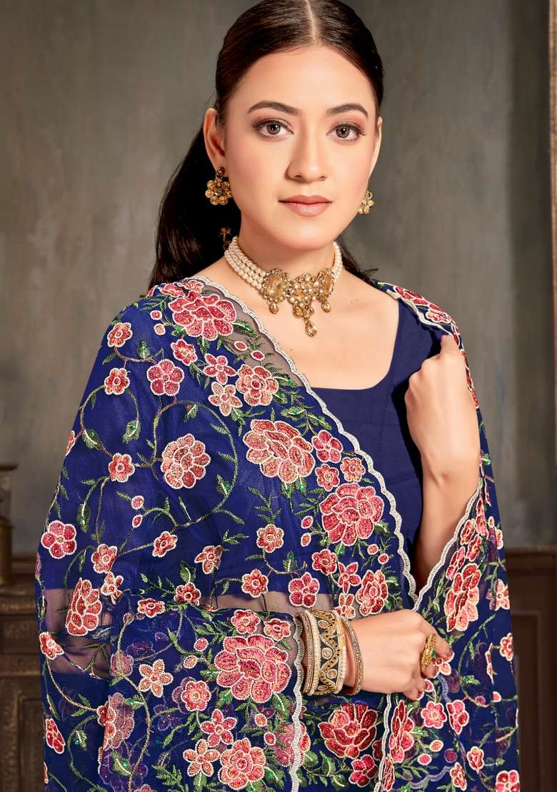 Navy Blue Embroidered Net Saree Set for Diwali and Festive Wear - Indya