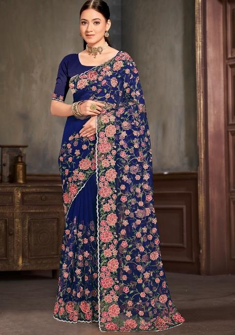 Navy Blue Embroidered Net Saree Set