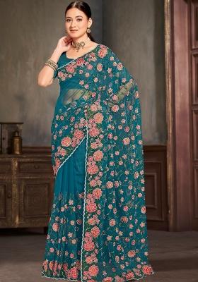 Blue Embroidered Net Saree Set