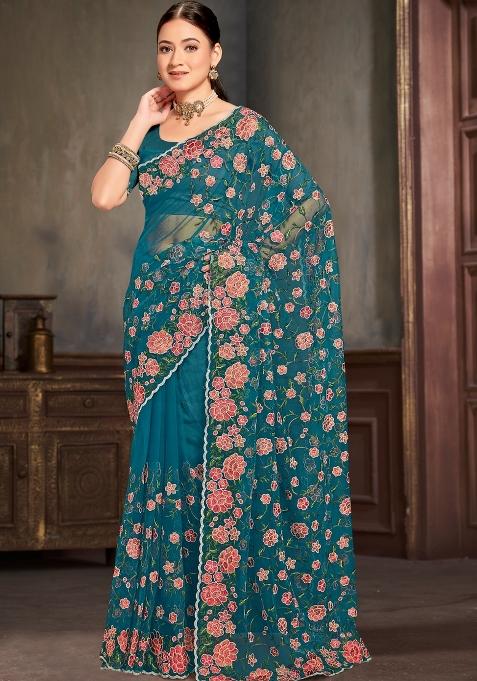 Blue Embroidered Net Saree Set