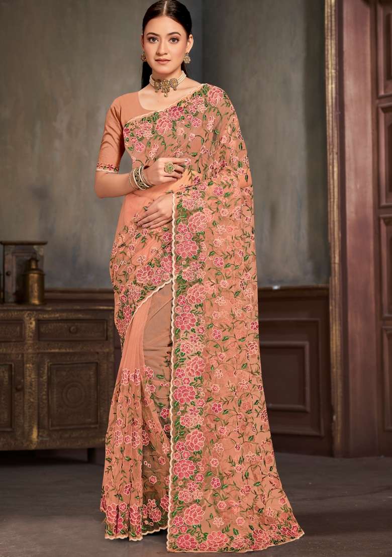 Dusty Peach Embroidered Net Saree Set for Diwali and Festive Wear - Indya