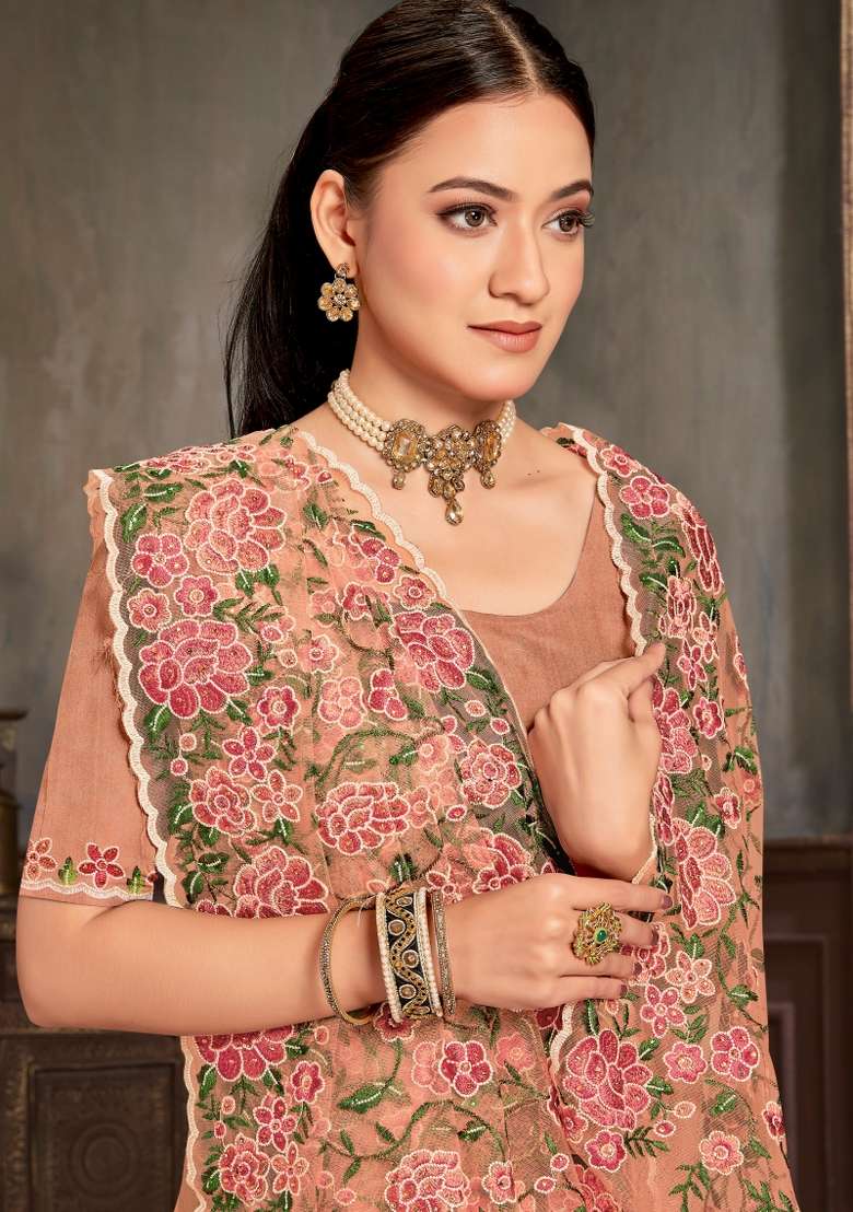 Dusty Peach Embroidered Net Saree Set for Diwali and Festive Wear - Indya