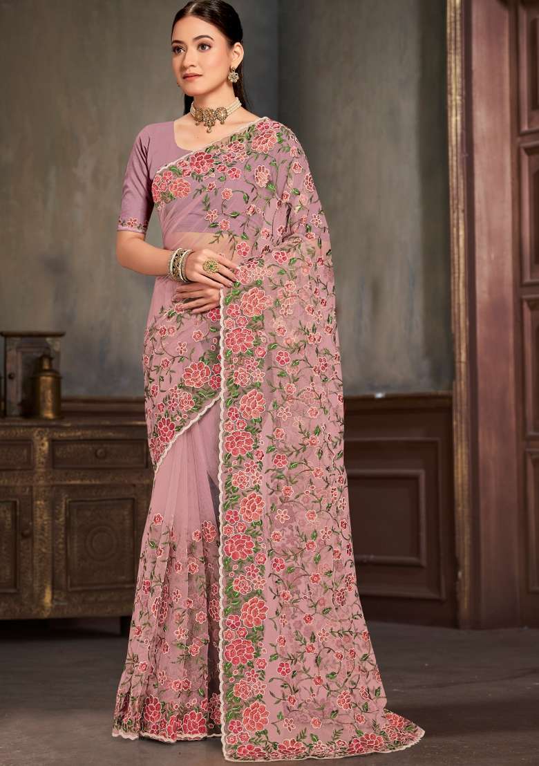 Lavender Embroidered Net Saree Set for Diwali and Festive Wear - Indya