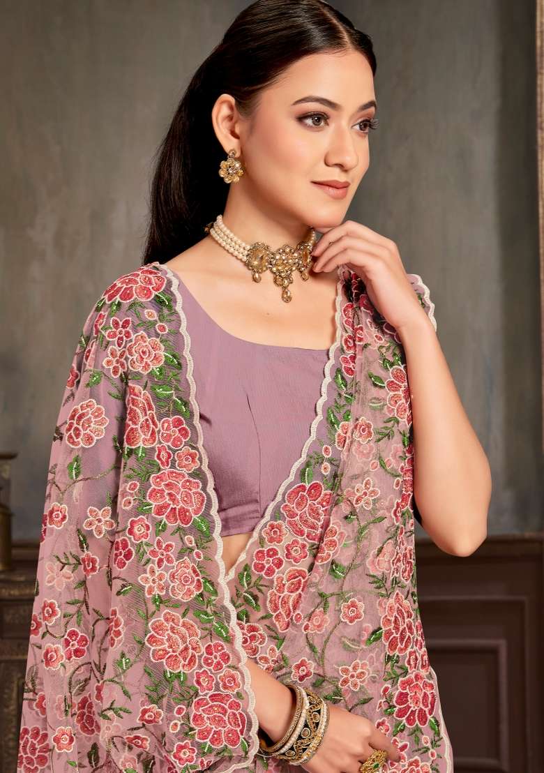 Lavender Embroidered Net Saree Set for Diwali and Festive Wear - Indya