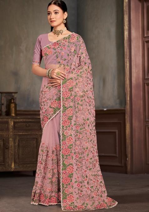 Lavender Embroidered Net Saree Set