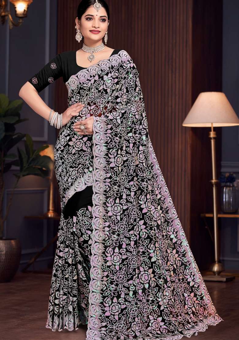 Black Embroidered Georgette Saree Set - Indya