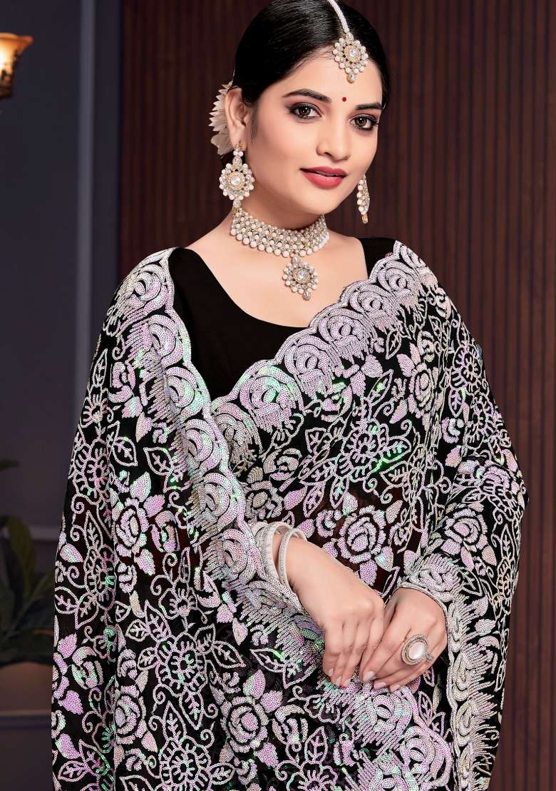 Black Embroidered Georgette Saree Set - Indya