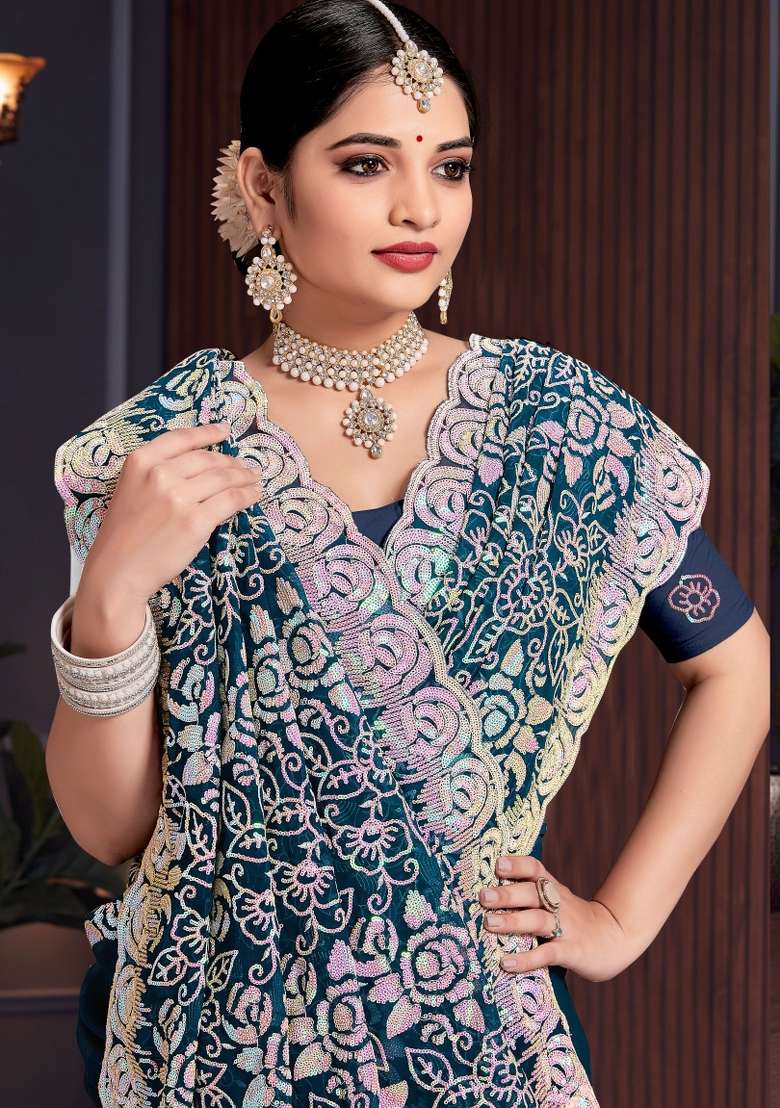 Blue Embroidered Georgette Saree Set - Indya