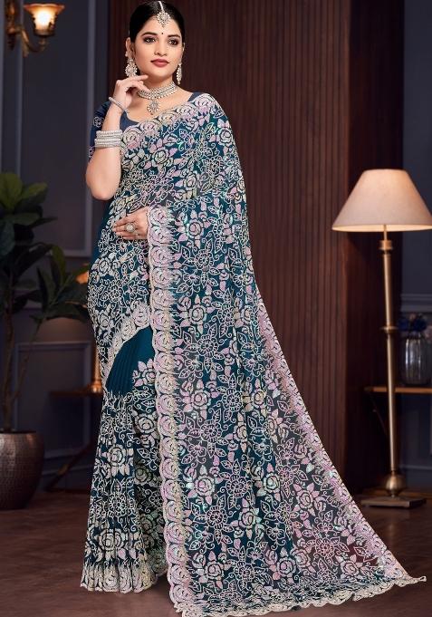 Blue Embroidered Georgette Saree Set