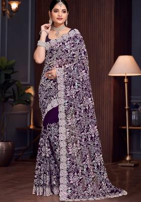 Purple Embroidered Georgette Saree Set