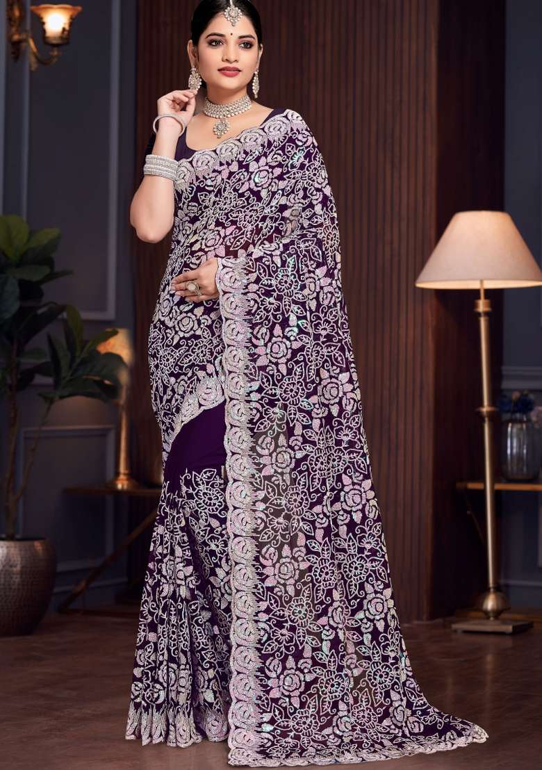 Purple Embroidered Georgette Saree Set - Indya
