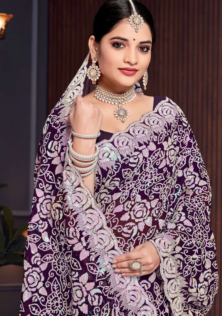 Purple Embroidered Georgette Saree Set - Indya