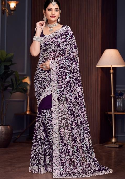 Purple Embroidered Georgette Saree Set