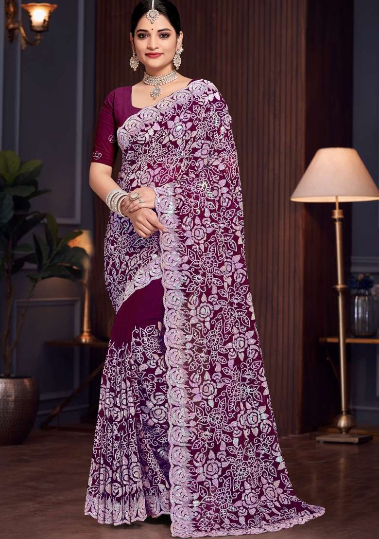 Wine Embroidered Georgette Saree Set - Indya