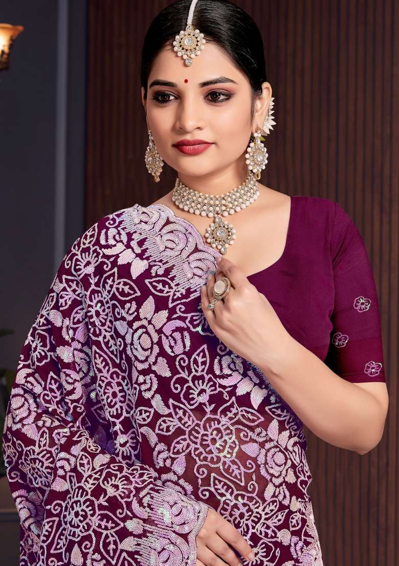 Wine Embroidered Georgette Saree Set - Indya