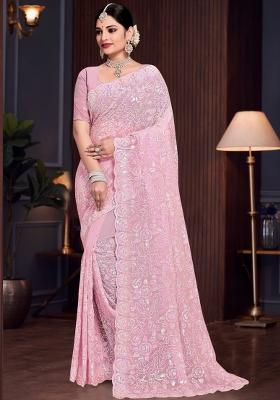 Lavender Embroidered Georgette Saree Set