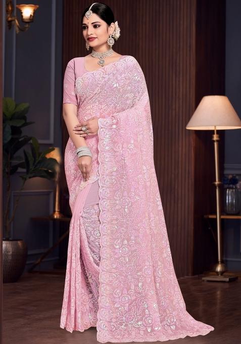 Lavender Embroidered Georgette Saree Set