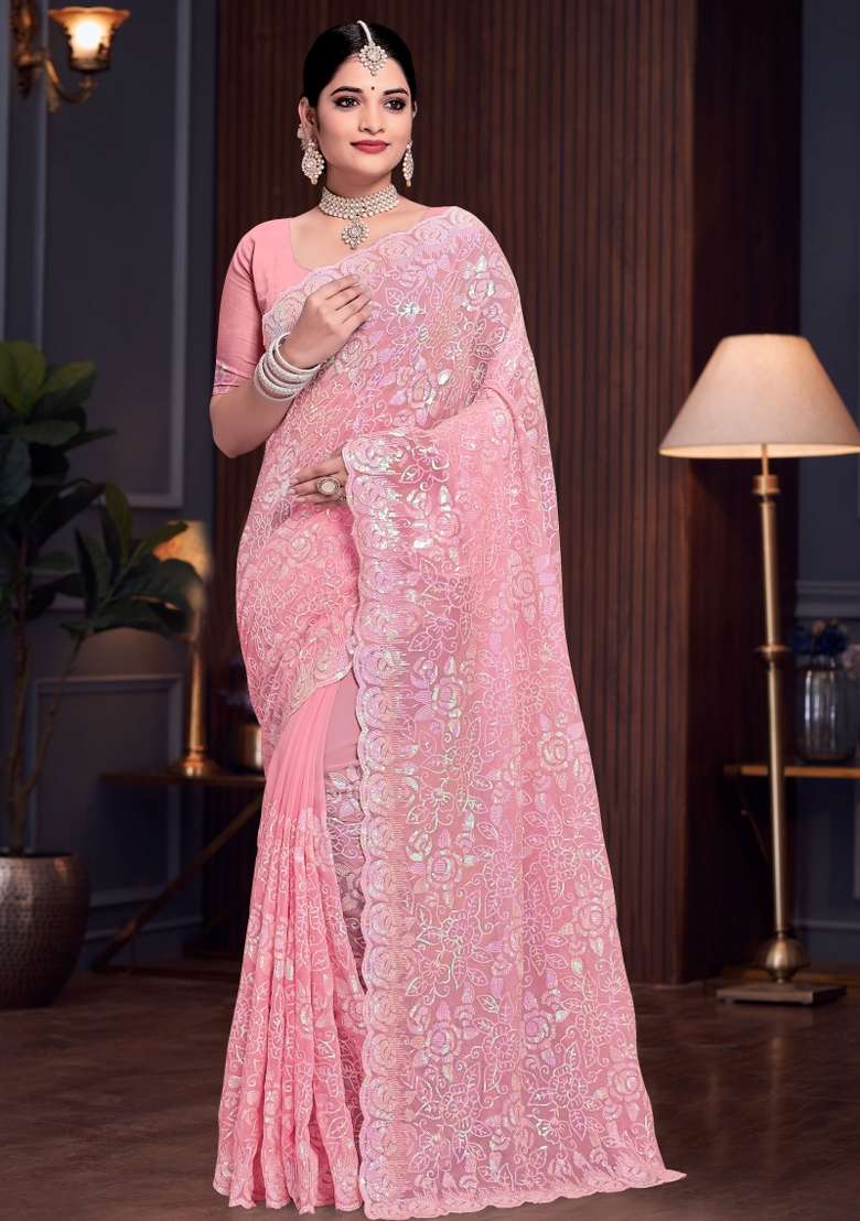 Dusty Pink Embroidered Georgette Saree Set - Indya