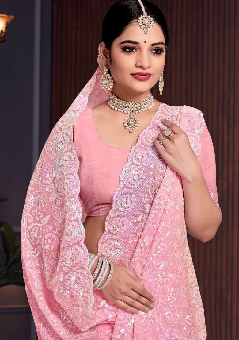 Dusty Pink Embroidered Georgette Saree Set - Indya