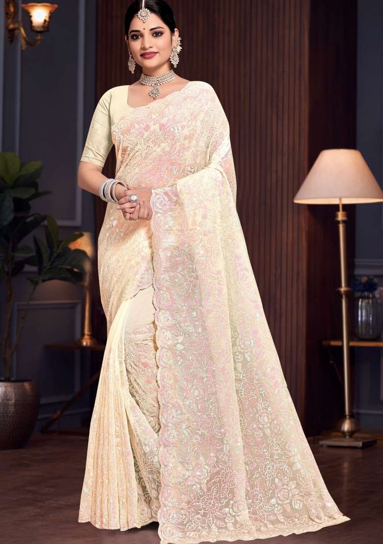 Lemon Yellow Embroidered Georgette Saree Set - Indya