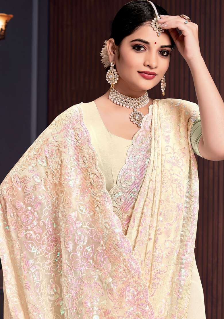 Lemon Yellow Embroidered Georgette Saree Set - Indya