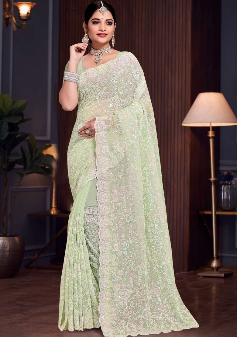 Pista Embroidered Georgette Saree Set - Indya