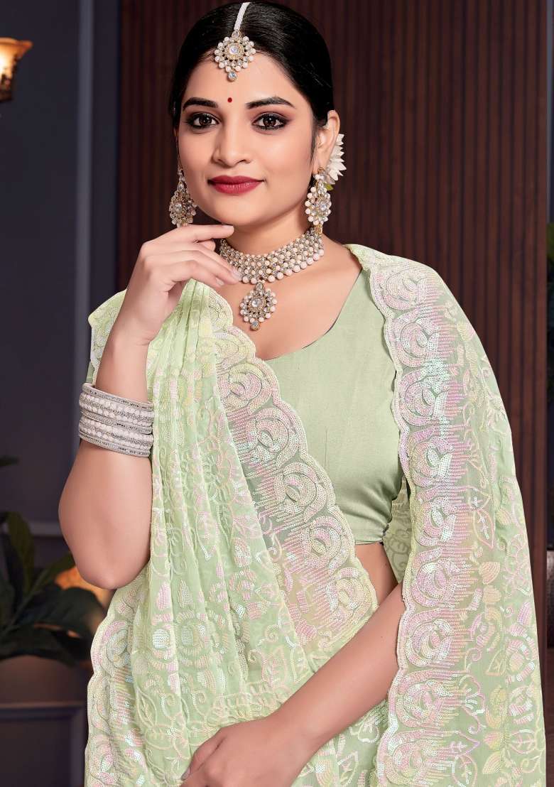 Pista Embroidered Georgette Saree Set - Indya