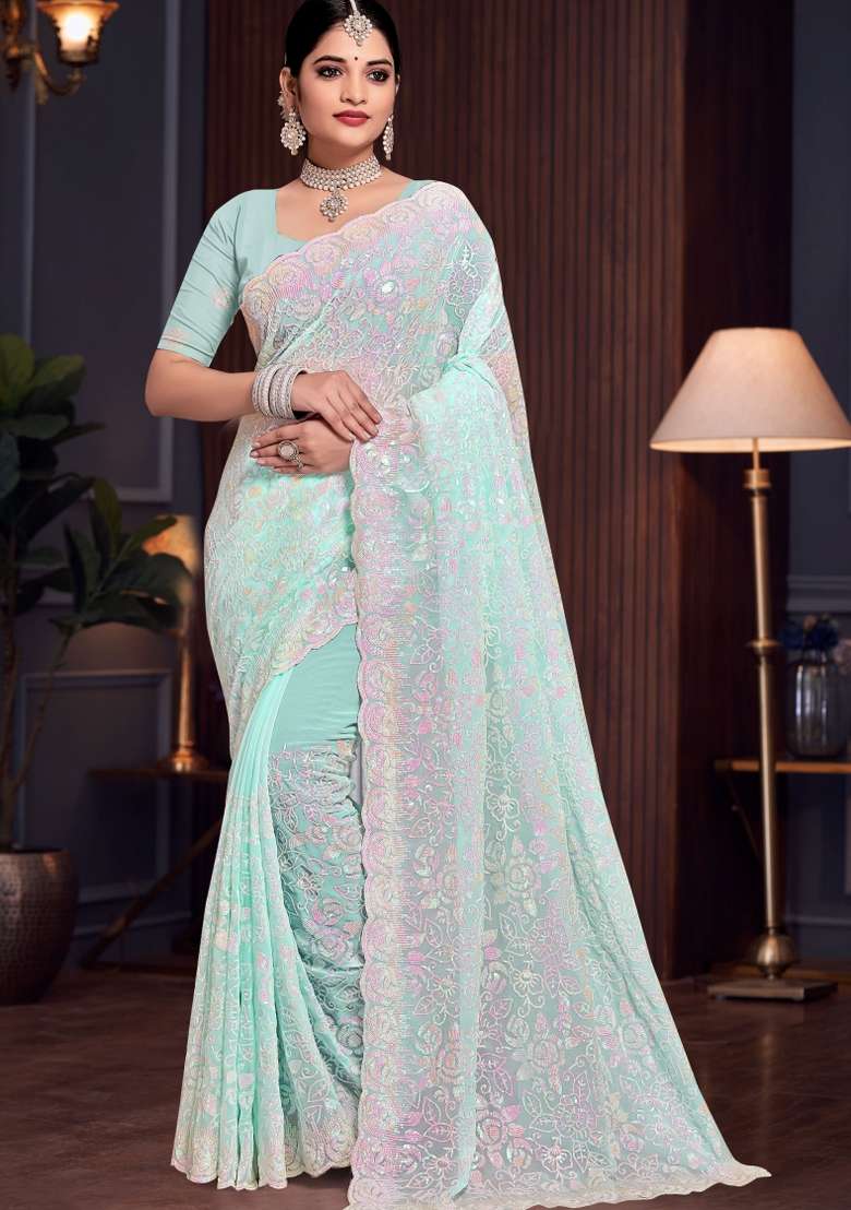 Sea Green Embroidered Georgette Saree Set - Indya