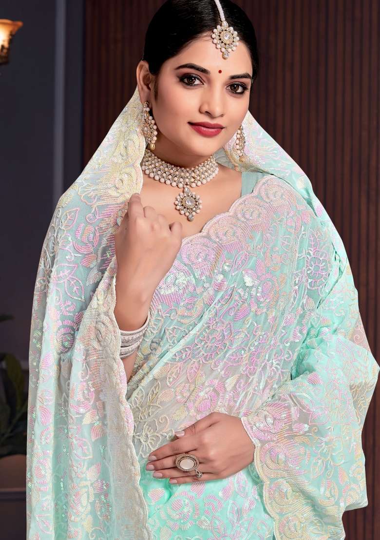 Sea Green Embroidered Georgette Saree Set - Indya