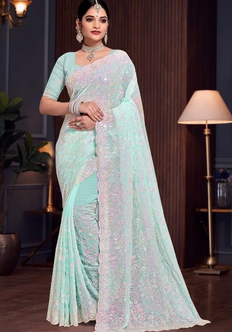Sea Green Embroidered Georgette Saree Set
