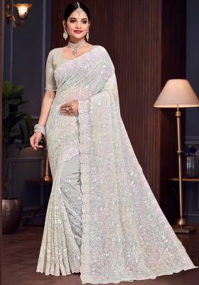 Dusty Pista Embroidered Georgette Saree Set