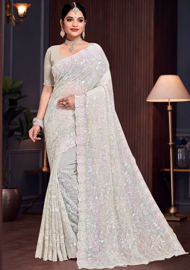 Dusty Pista Embroidered Georgette Saree Set - Indya