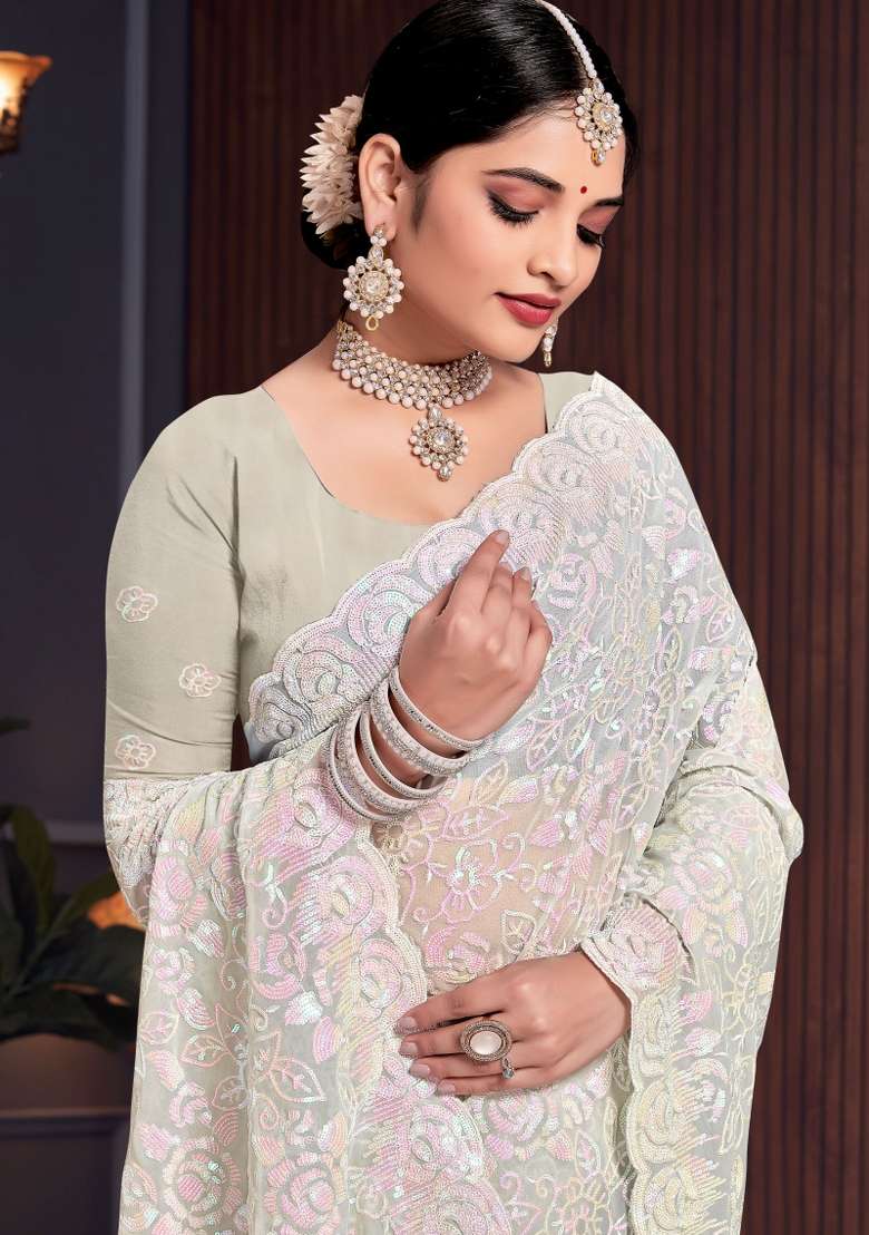 Dusty Pista Embroidered Georgette Saree Set - Indya