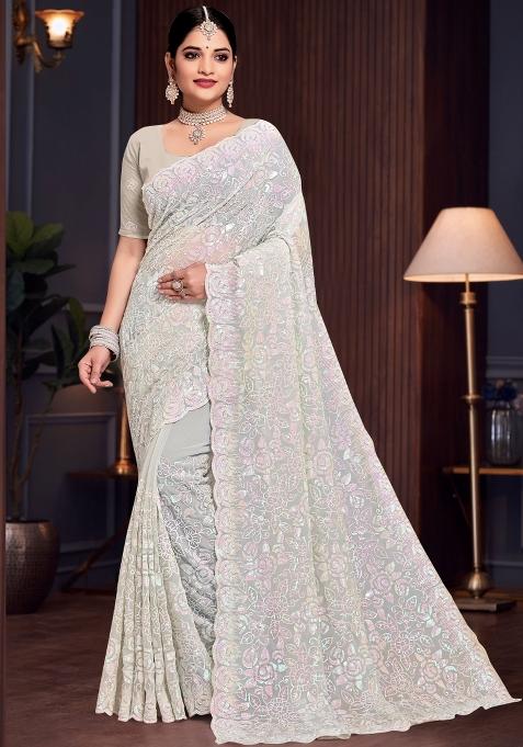 Dusty Pista Embroidered Georgette Saree Set