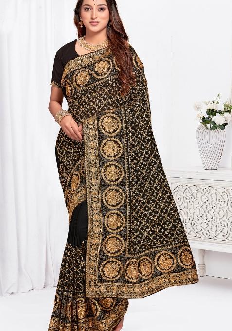 Black Embroidered Silk Saree Set