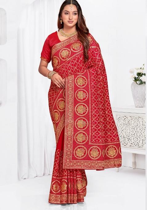 Red Embroidered Silk Saree Set