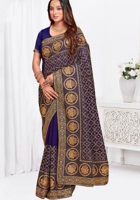 Navy Blue Embroidered Silk Blend Saree Set