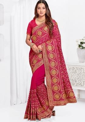 Rani Pink Embroidered Silk Blend Saree Set