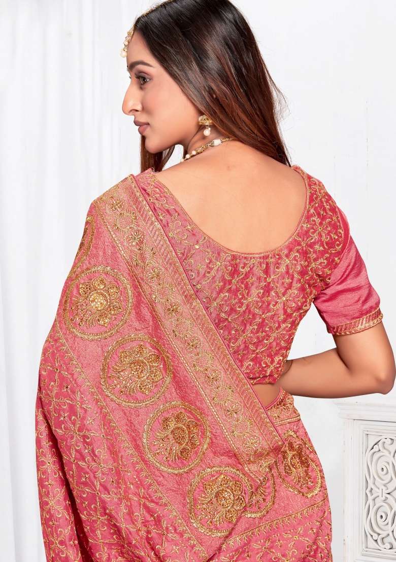Peach Embroidered Silk Blend Saree Set for Diwali and Festive Wear - Indya
