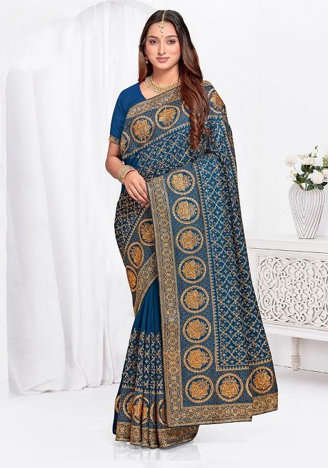Blue Embroidered Silk Saree Set
