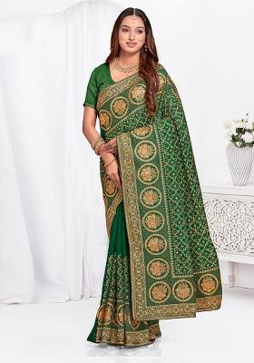 Bottle Green Embroidered Silk Saree Set