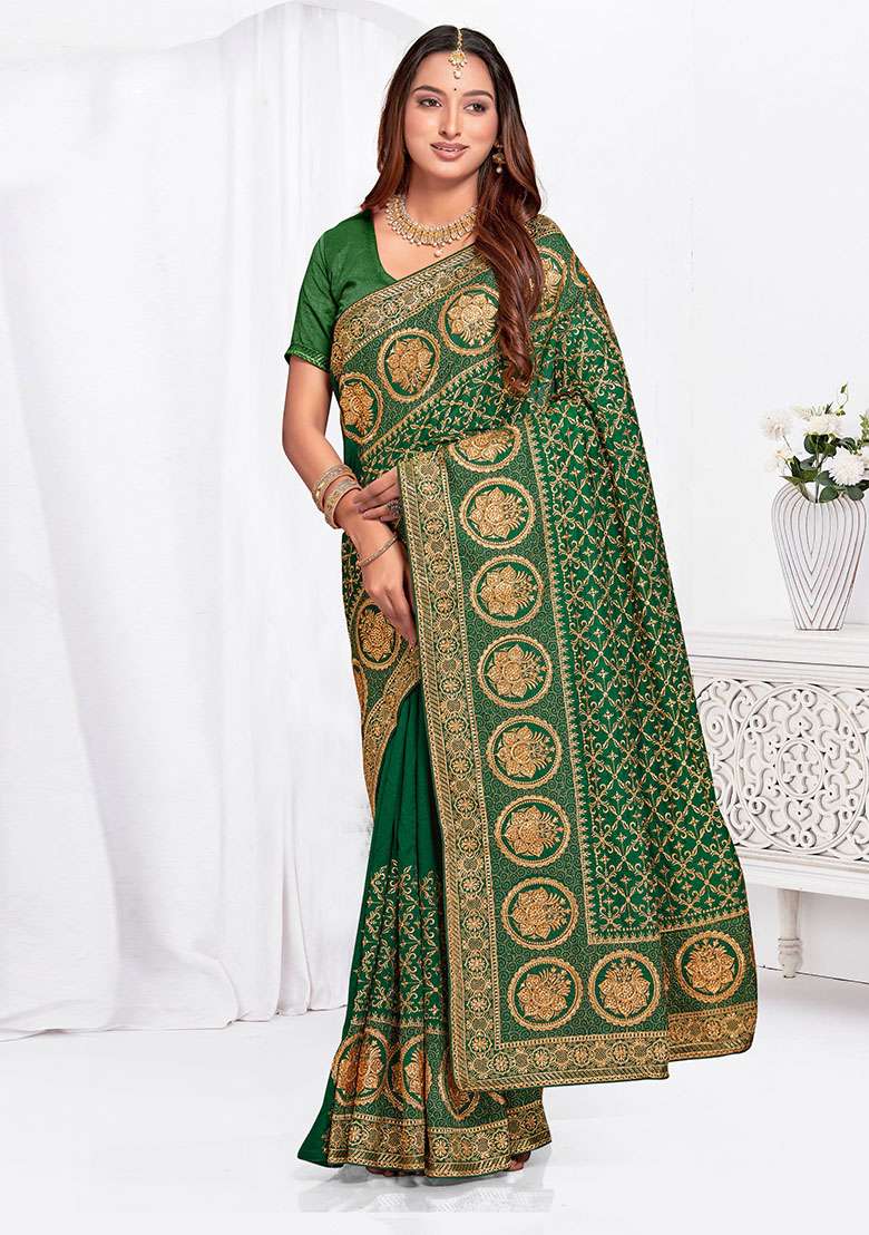 Bottle Green Embroidered Silk Blend Saree Set for Diwali and Festive Wear - Indya