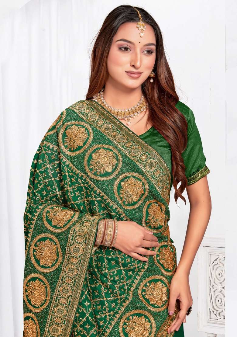 Bottle Green Embroidered Silk Blend Saree Set for Diwali and Festive Wear - Indya