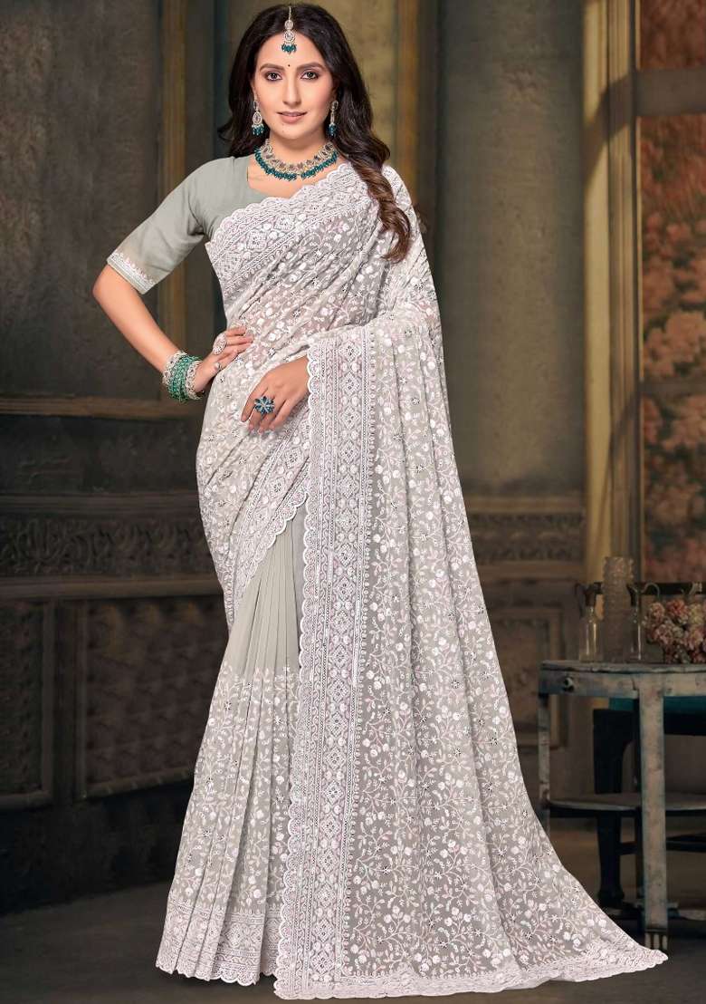 Dusty Pista Embroidered Georgette Saree Set - Indya