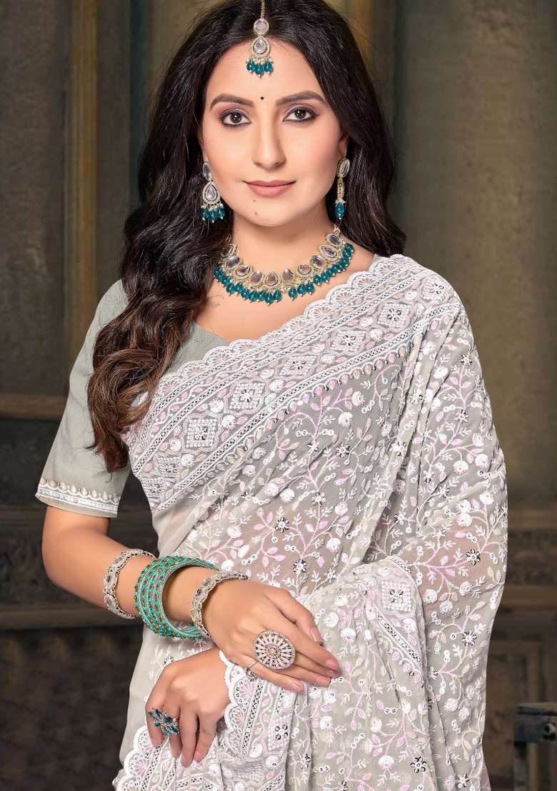 Dusty Pista Embroidered Georgette Saree Set - Indya