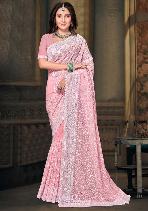 Dusty Peach Embroidered Georgette Saree Set